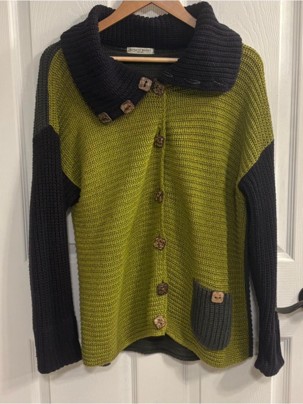 Margaret Winters Cardigan Sweater Womens M L Green Chunky Knit Made USA